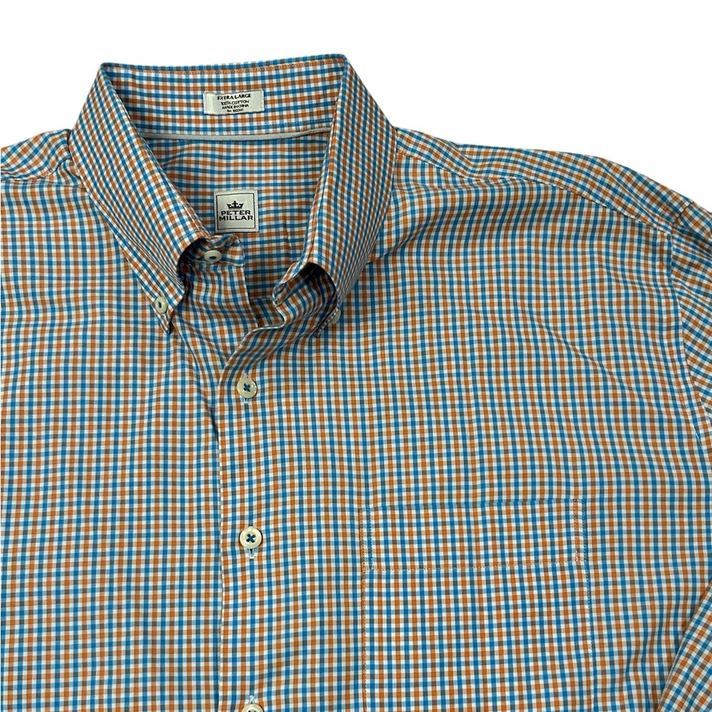 Peter Millar Multicolor Checkered Button Down Shirt Cotton‎ XL Orange Blue White